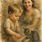 Child and Woman Play with Striped Kitten in Cozy Scene