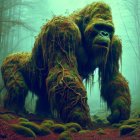 Mythical gorilla in misty forest with lush greenery