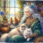 Elderly Woman with Cats in Sunlit Coastal Room