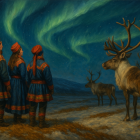 Arctic Scene with Traditional Attire and Northern Lights