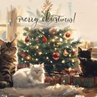Three Cats by a Christmas Tree in Painterly Style