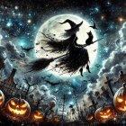 Halloween Scene with Witch, Bats, and Graveyard