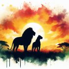 Watercolor Silhouette of Lion and Lioness at Sunset