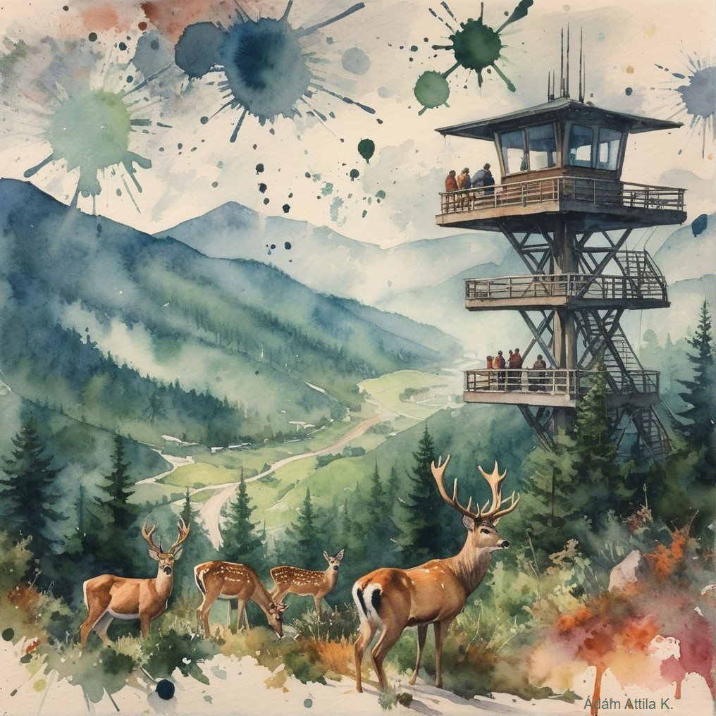 Watercolor Landscape with Tower and Grazing Deer