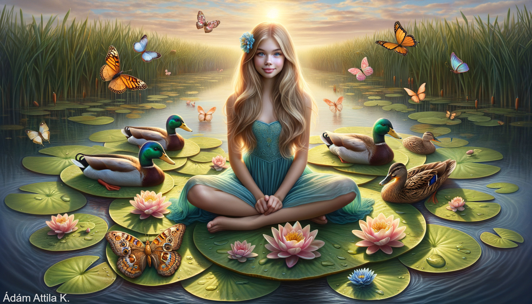 Serene Pond Scene with Girl on Lily Pad and Butterflies