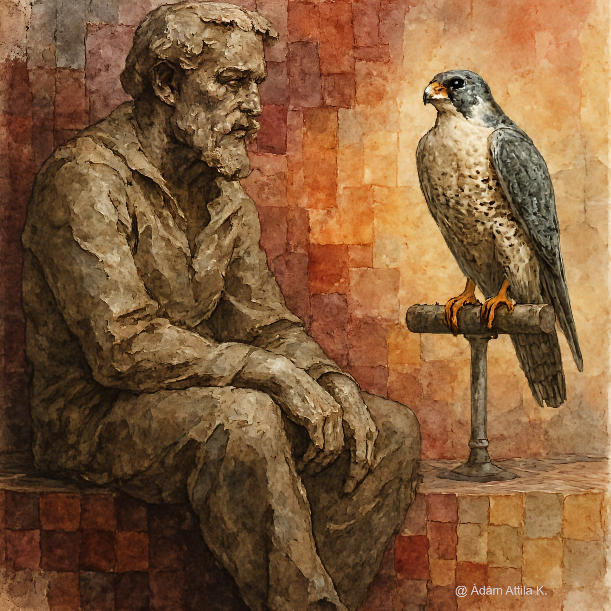 Contemplative Figure with Peregrine Falcon Sculpture