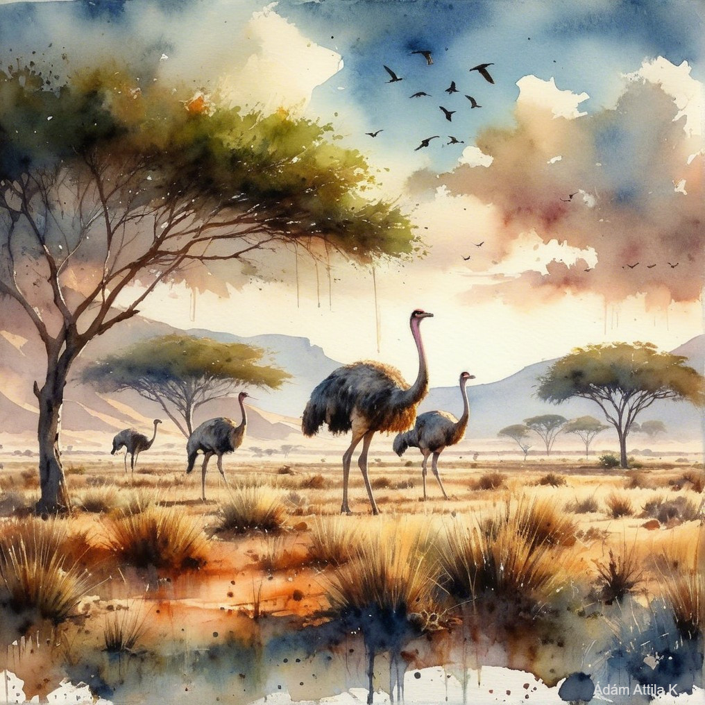 Watercolor Landscape of Ostriches in Savanna Setting