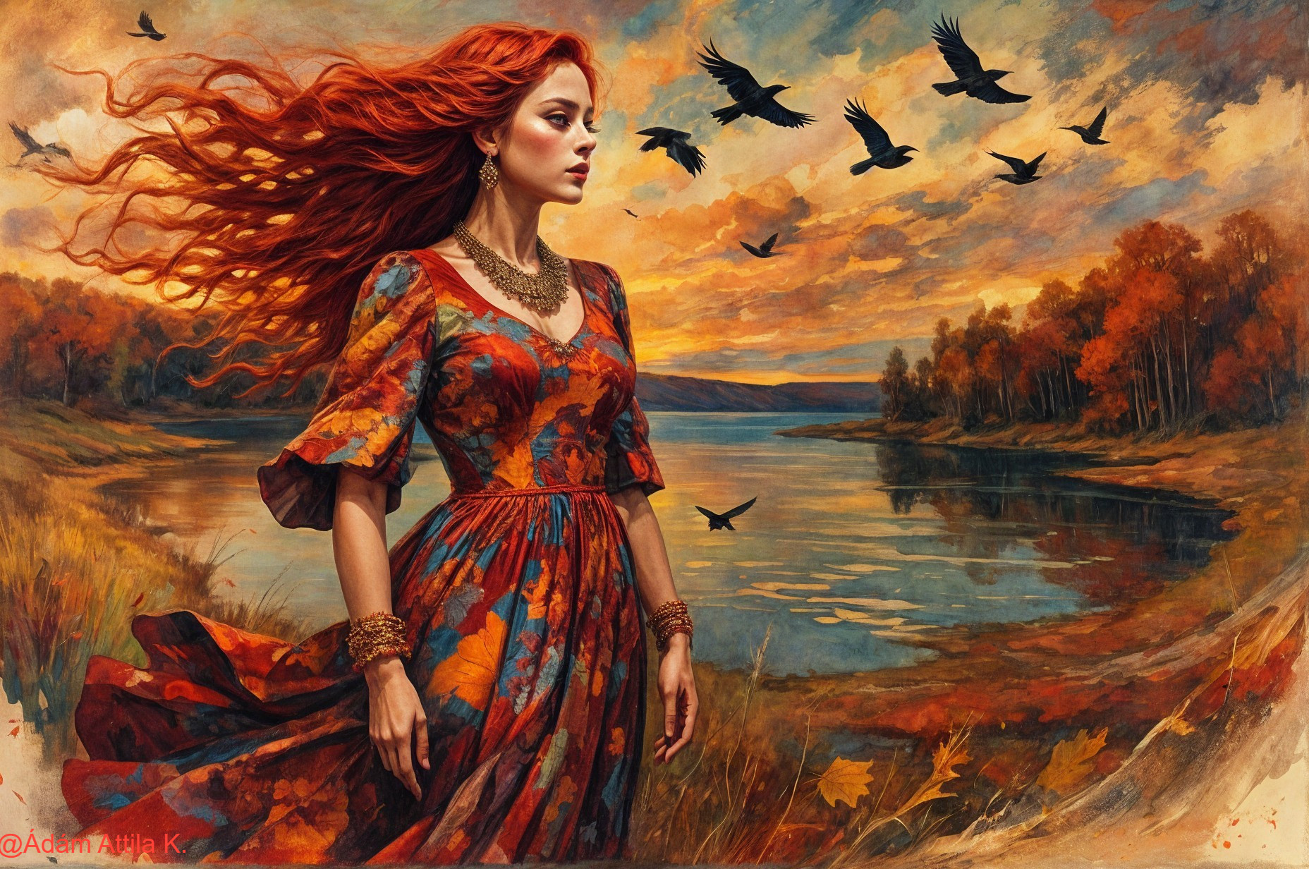 Young Woman by Lake at Sunset with Autumn Colors