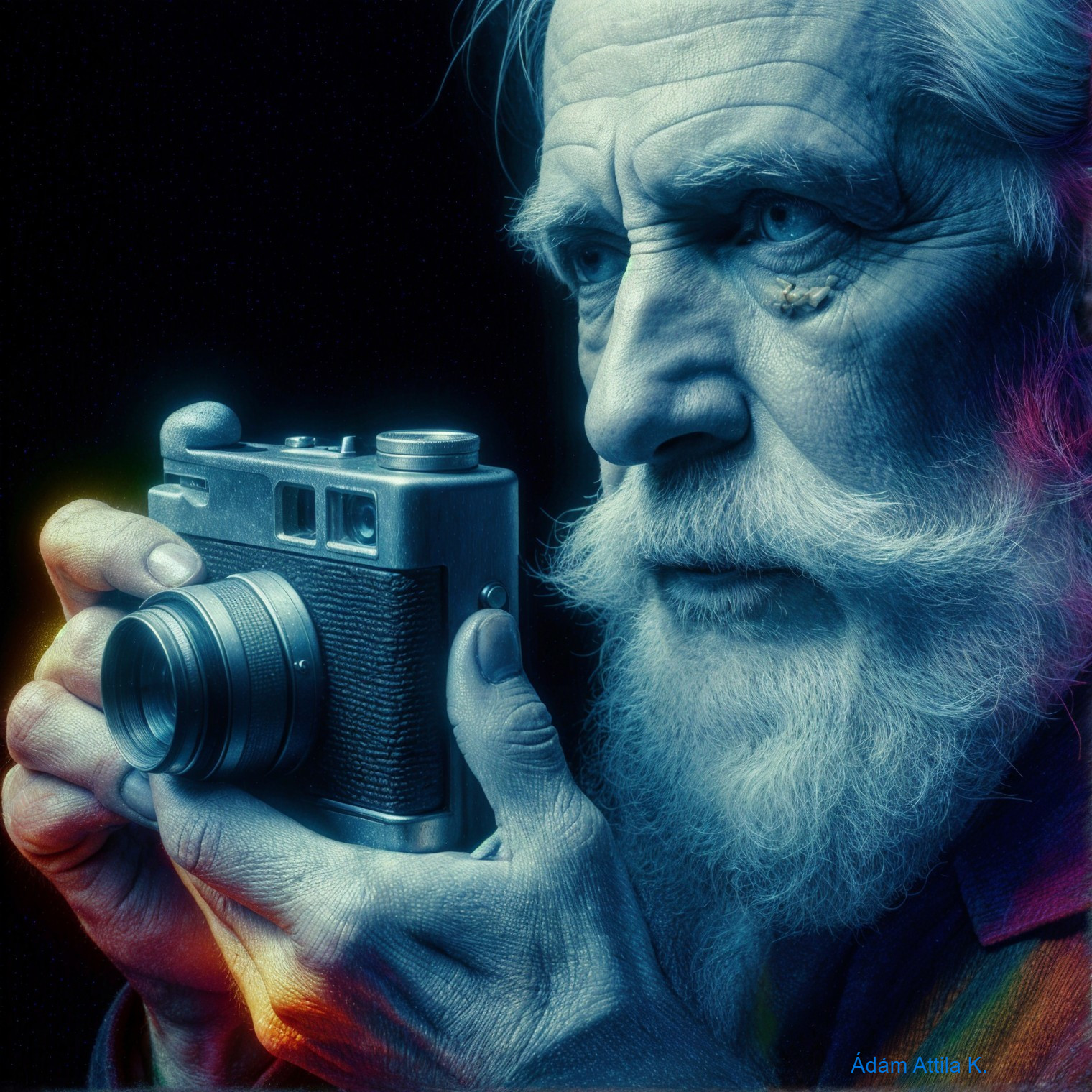 Elderly Man with Vintage Camera and Intense Expression