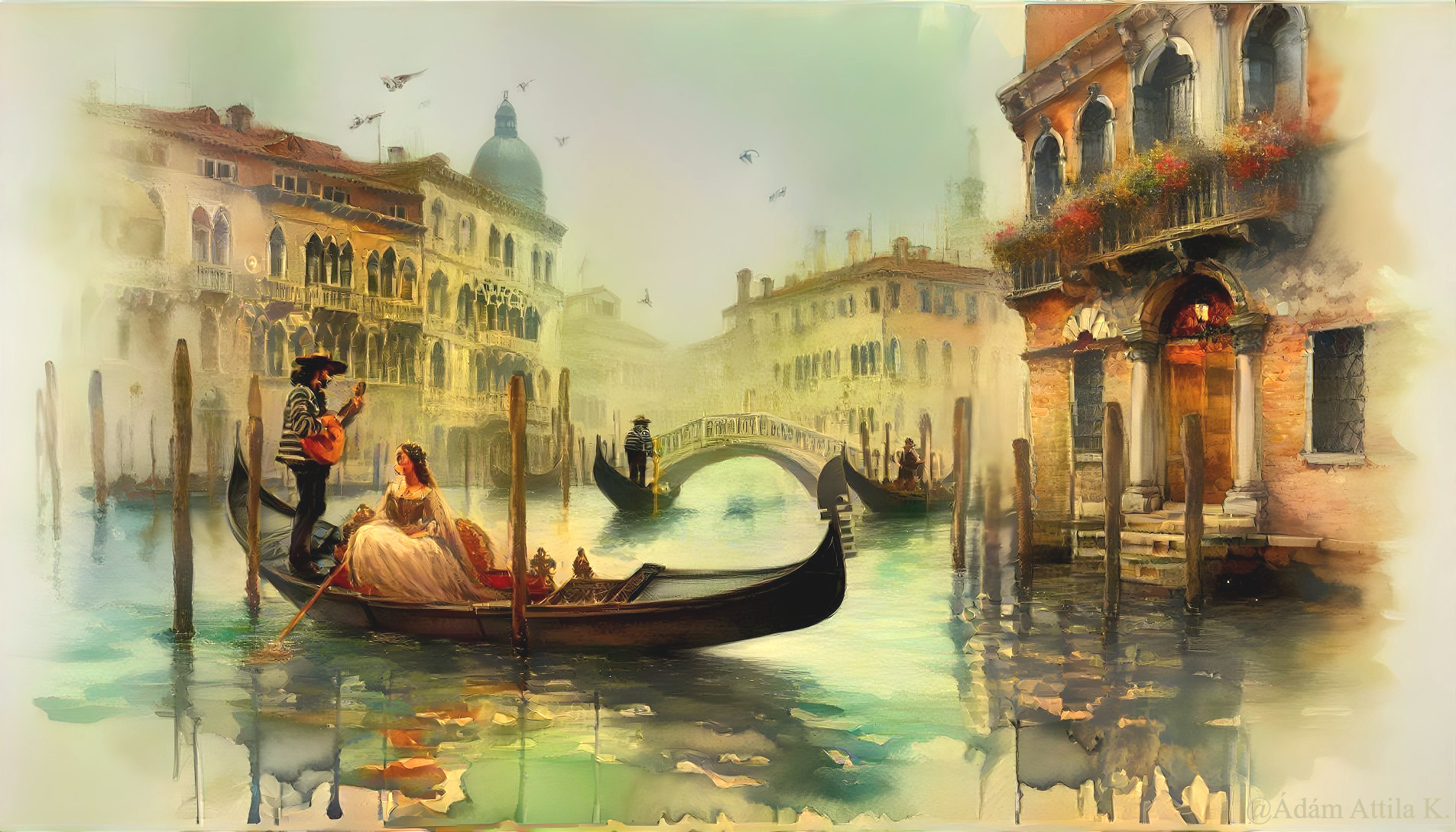 Romantic Venetian Scene with Gondola and Canals