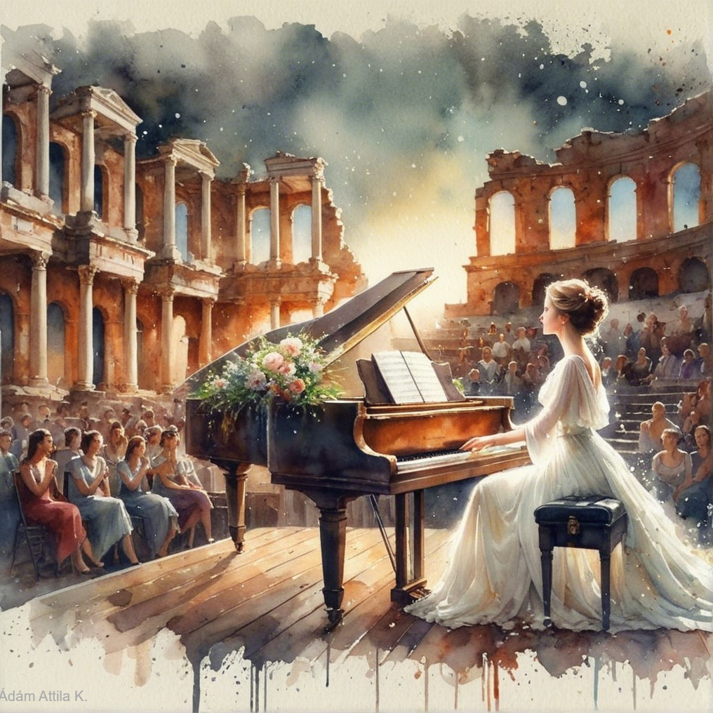 Woman in White Dress Plays Piano Among Ancient Ruins