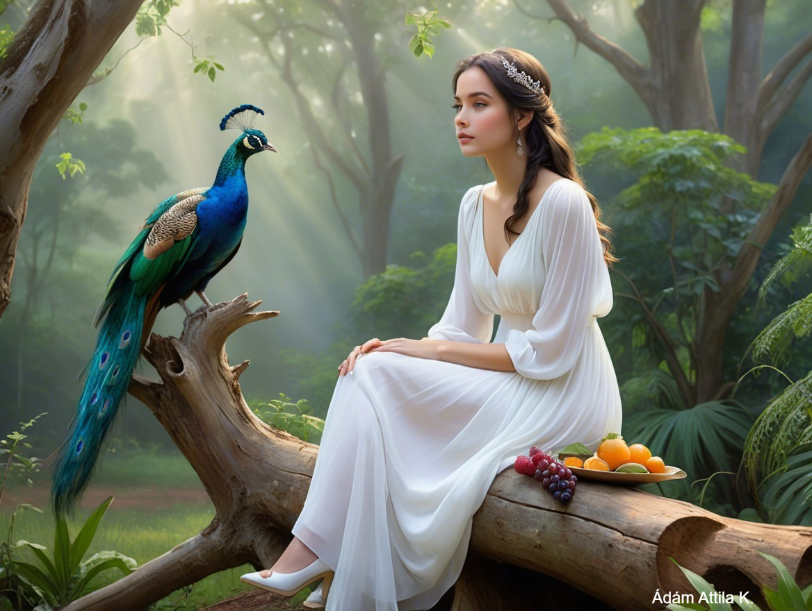 Young Woman in White Dress with Peacock in Forest