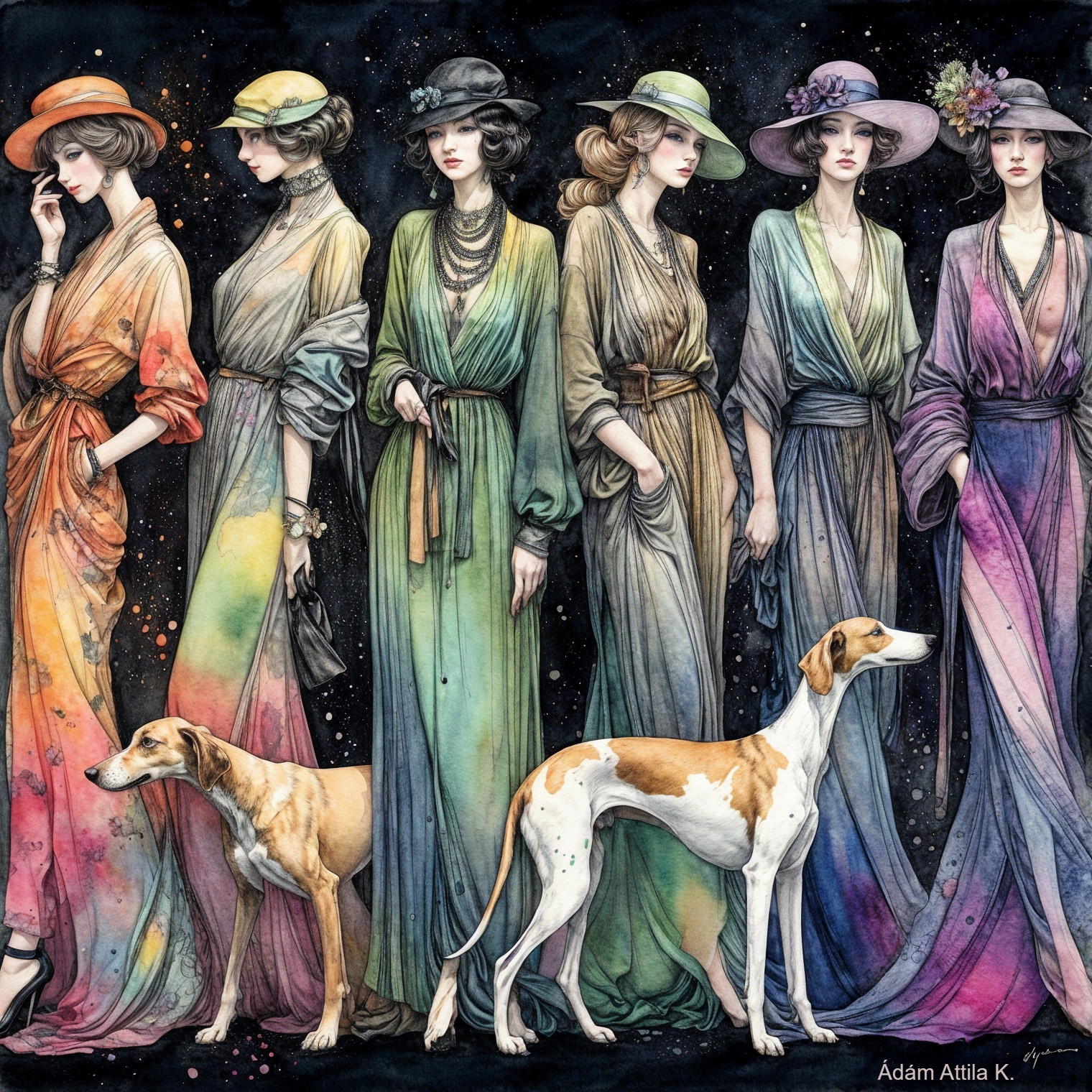 Elegant Women in Colorful Gowns with Greyhound