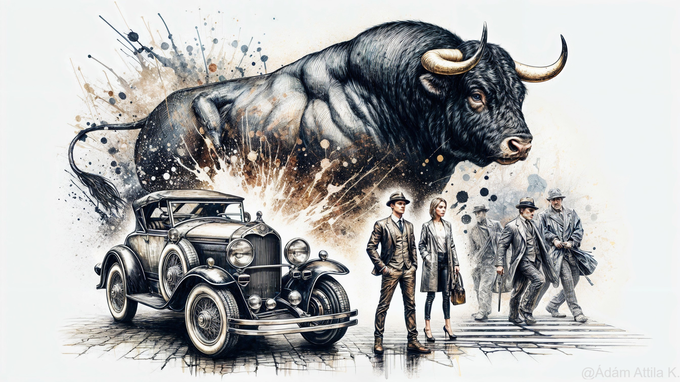 Bull Over Vintage Car with 1920s Figures and Colors