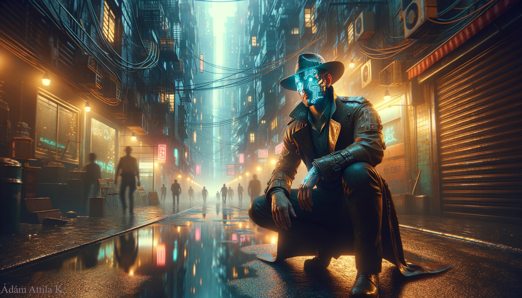 Futuristic Neon-Lit Urban Alleyway Description