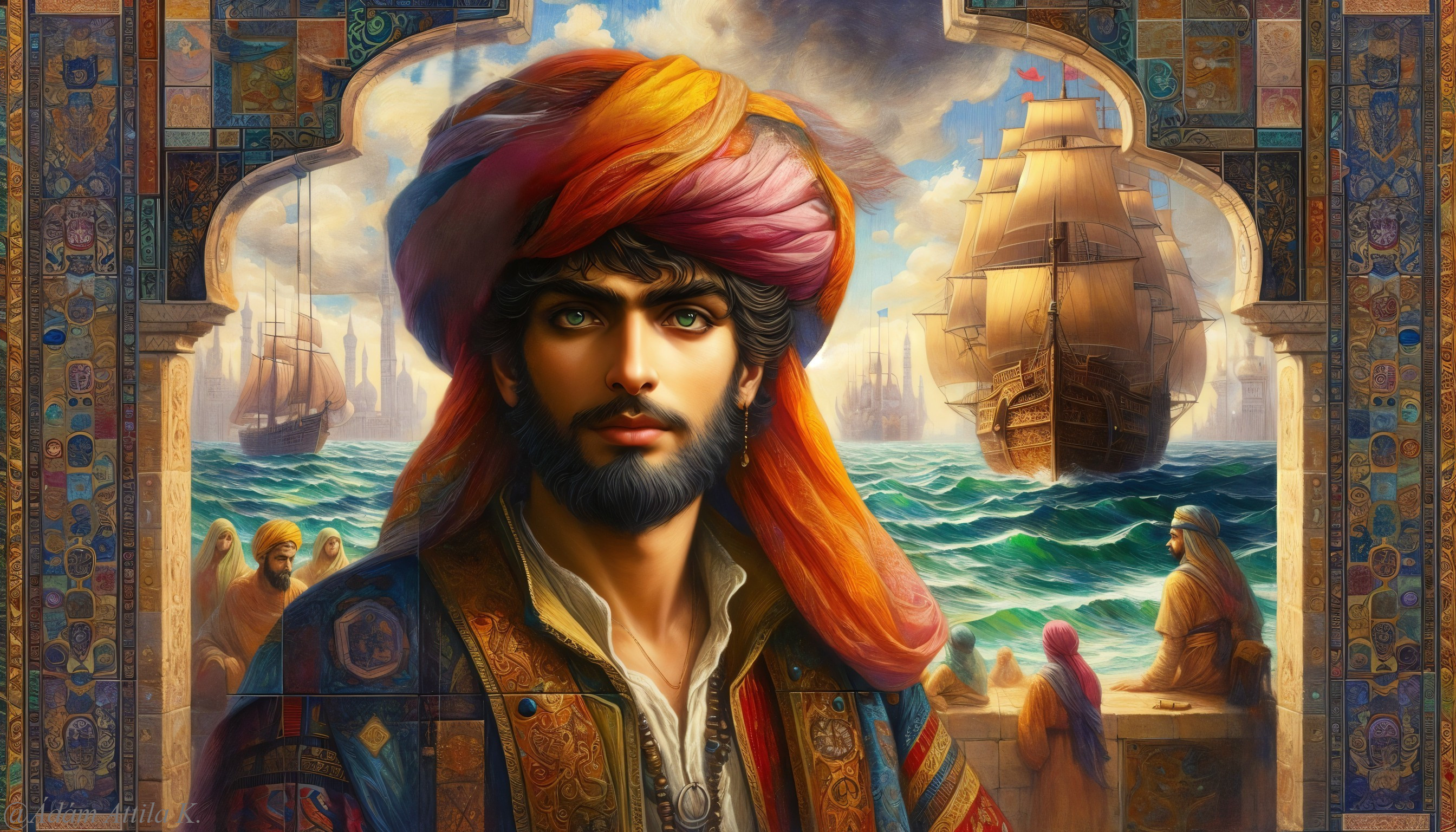 Young man in turban with ships in ocean backdrop