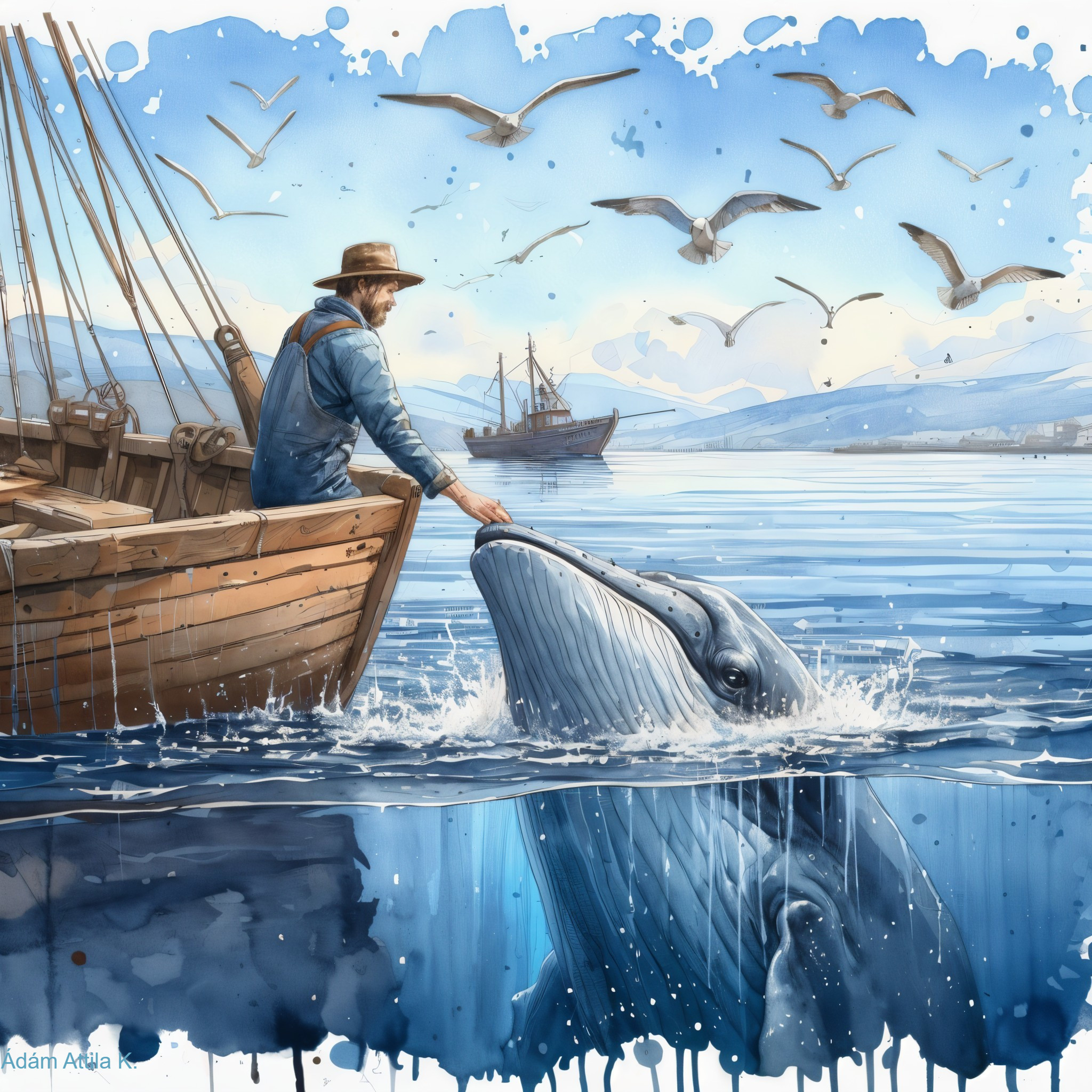Coastal Scene with Fisherman and Breaching Whale