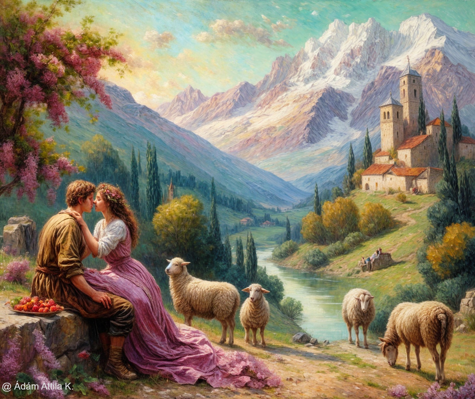 Couple in Mountain Landscape with Flowers and Sheep