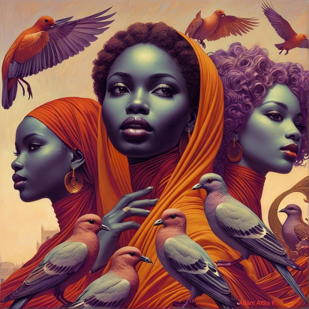 Three Women with Blue Skin and Vibrant Fabrics