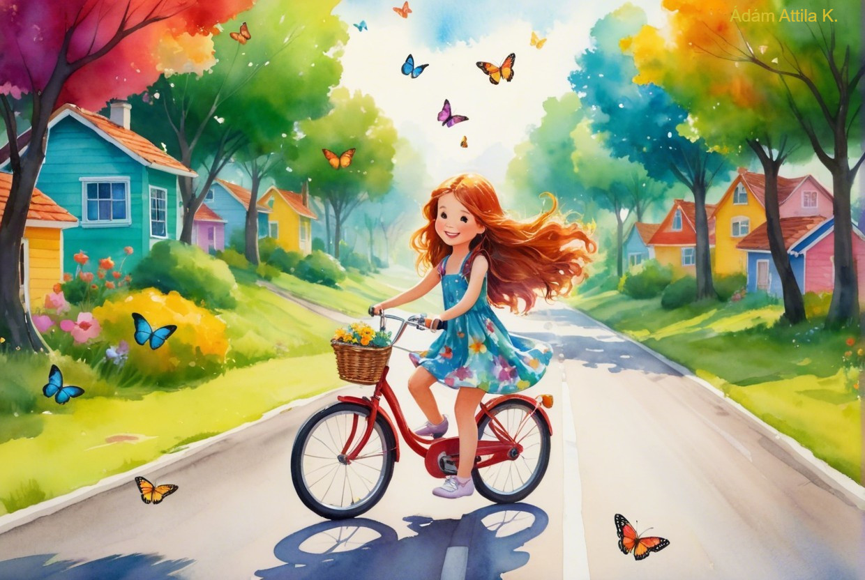 Young girl riding red bicycle on colorful street