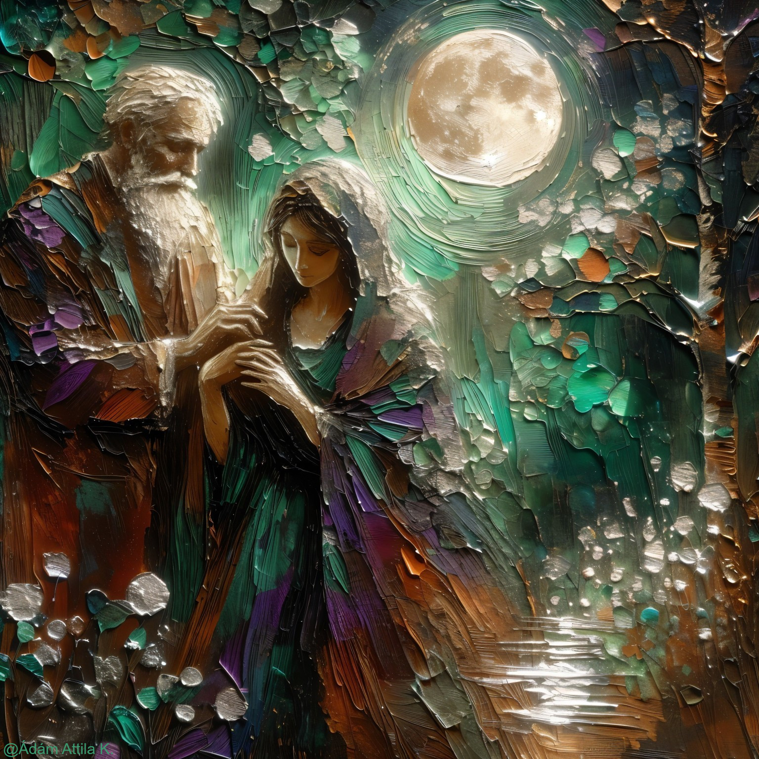 Mystical Scene of Elderly Couple Under Full Moon