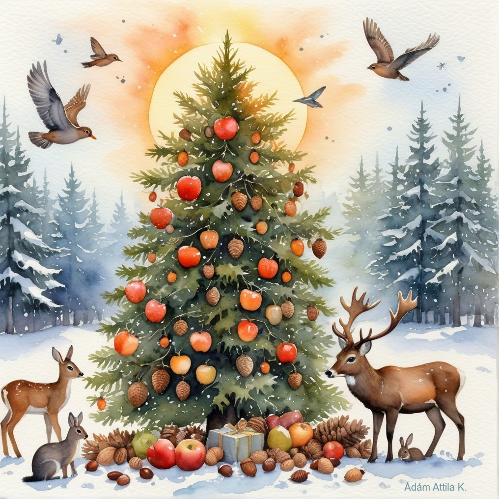 Winter Landscape with Christmas Tree and Wildlife