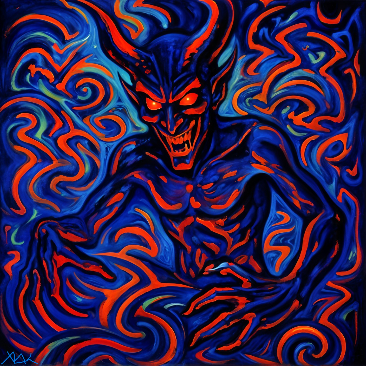 Menacing Figure with Glowing Eyes and Vibrant Patterns