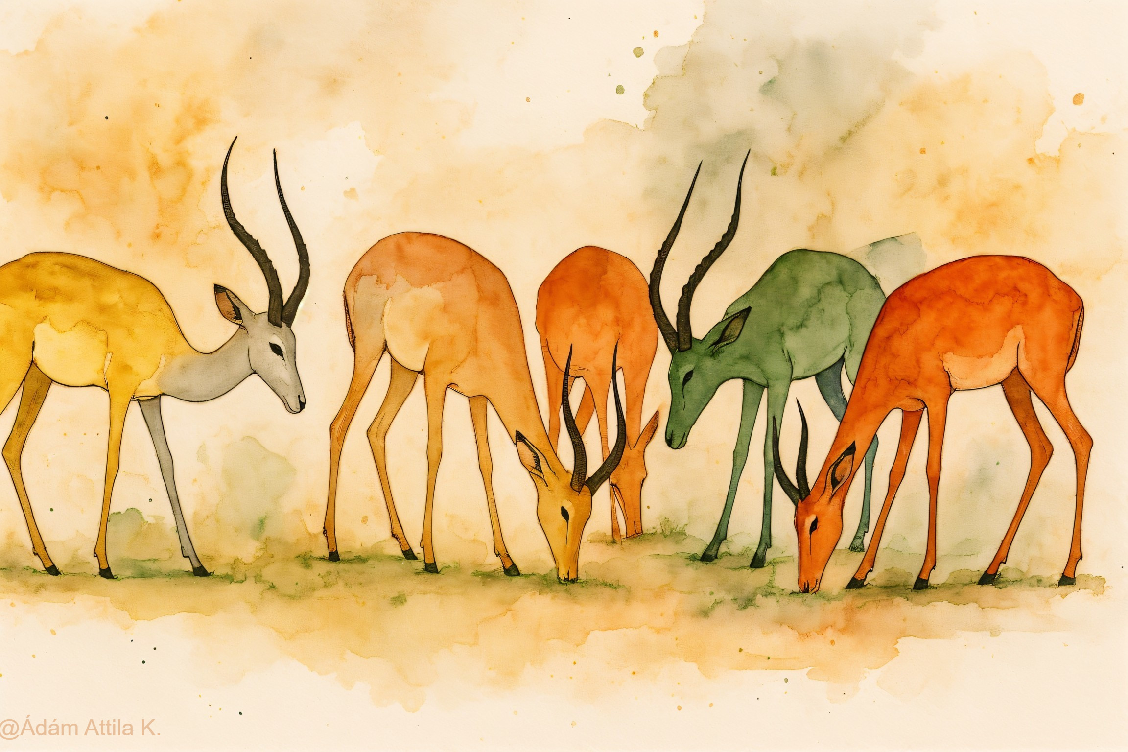 Vibrant Watercolor of Six Colorful Gazelles Grazing