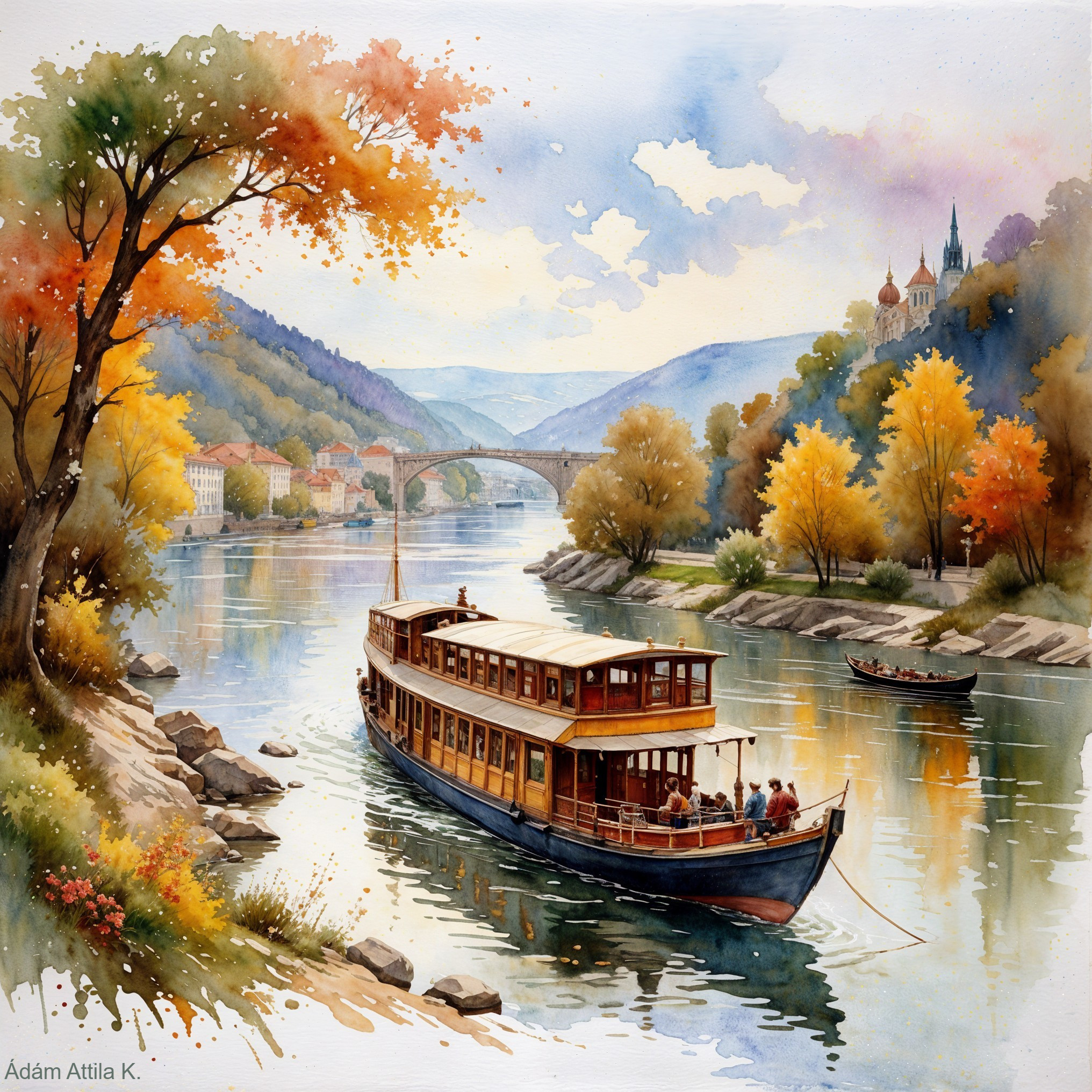 Watercolor Riverboat Scene with Autumn Foliage