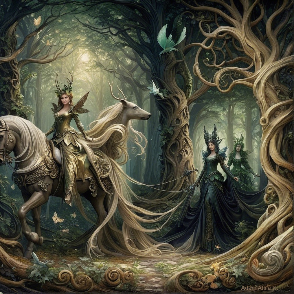 Fairy Princess on Unicorn in Enchanted Forest Scene