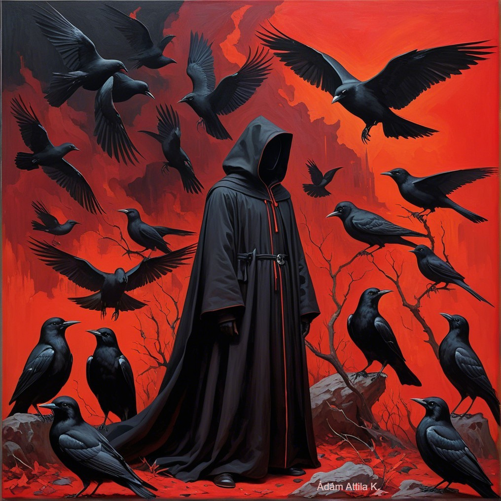 Cloaked Figure Surrounded by Crows and Red Skies