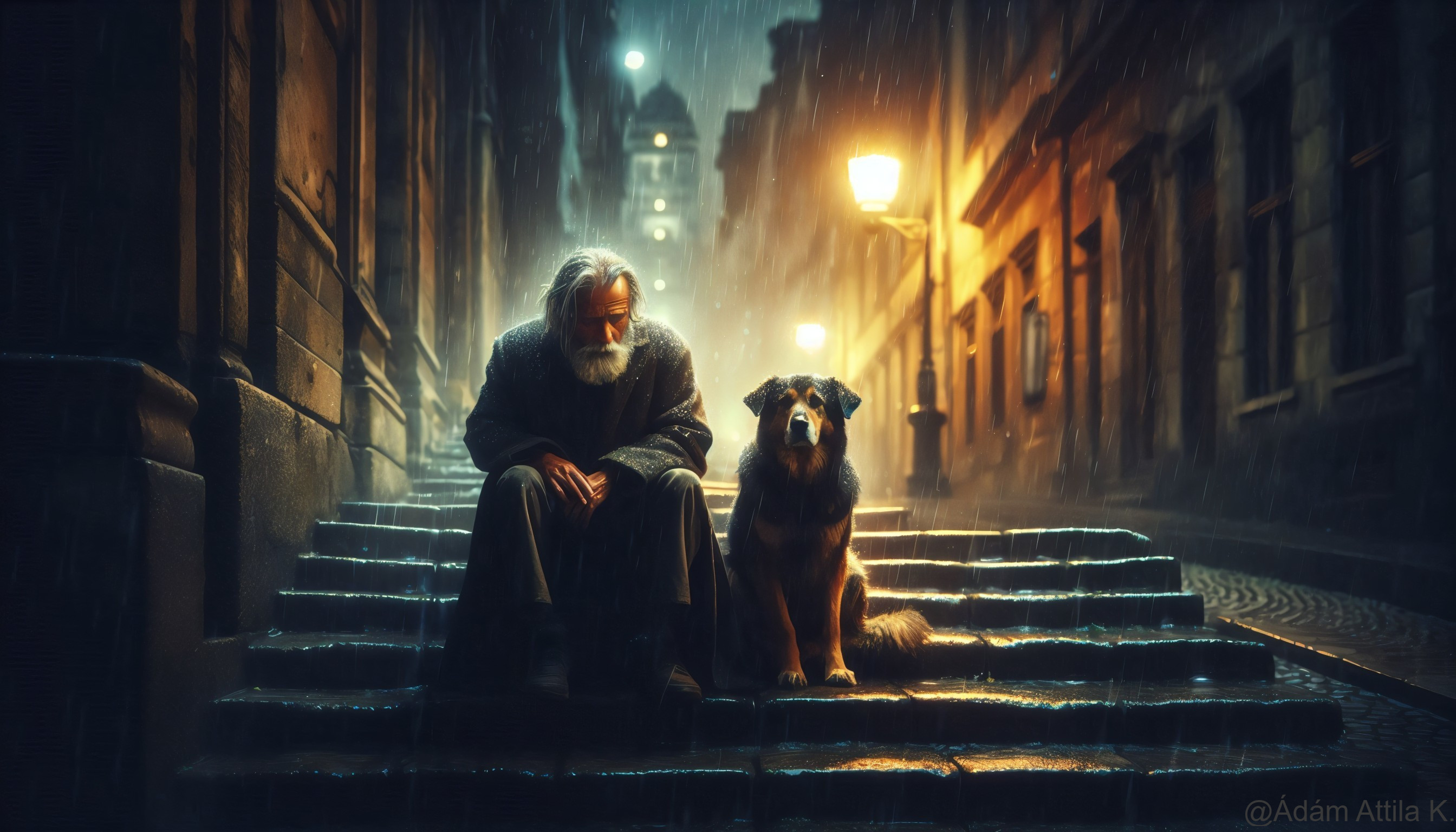 Elderly Man and Dog on Rainy Urban Steps