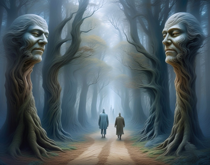 Mystical forest with twisted trees and cloaked figures