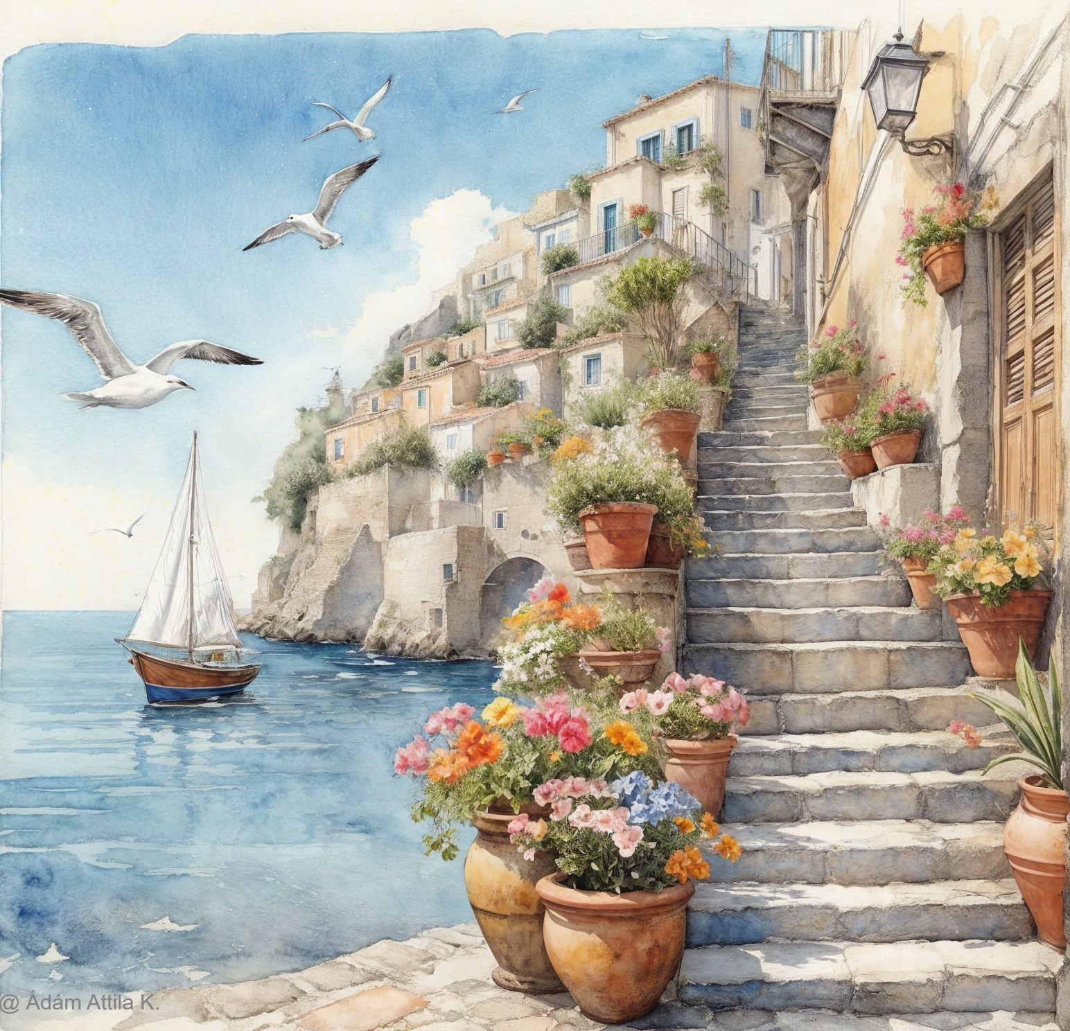 Coastal Scene with Staircase and Vibrant Flowers
