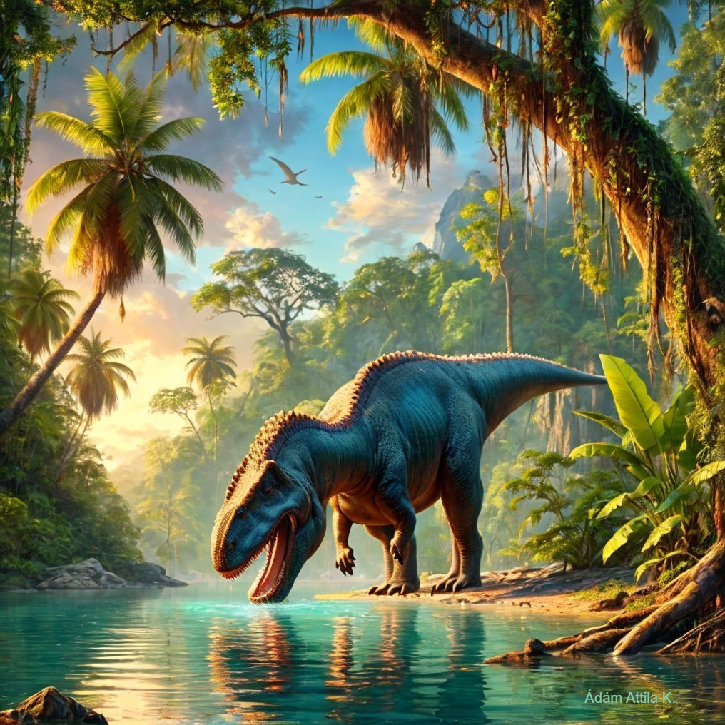 Prehistoric Dinosaur Scene by a Tranquil River