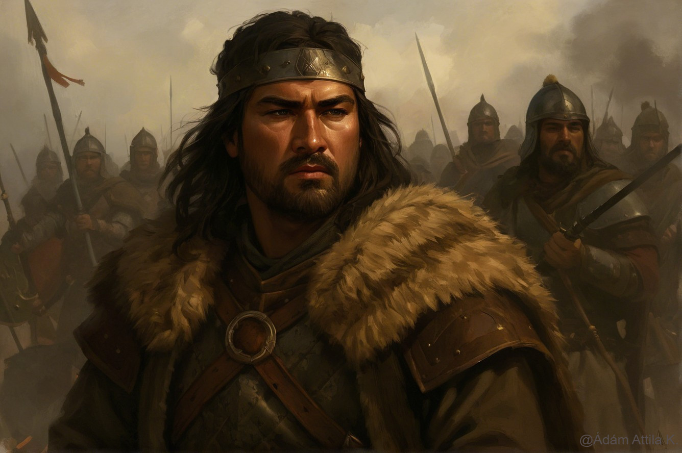 Warrior in Fur Cloak on Misty Battlefield with Soldiers