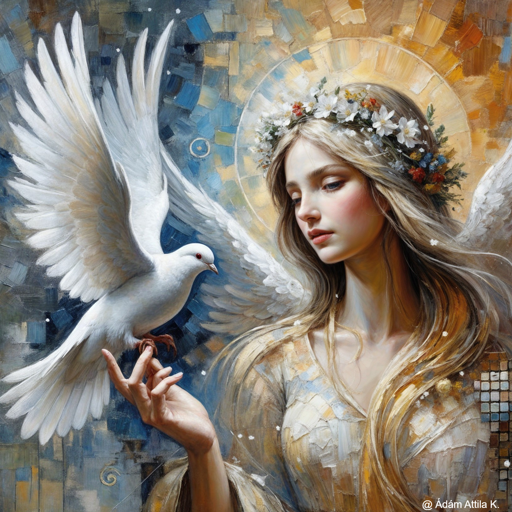 Serene angel with dove in vibrant, dreamy setting