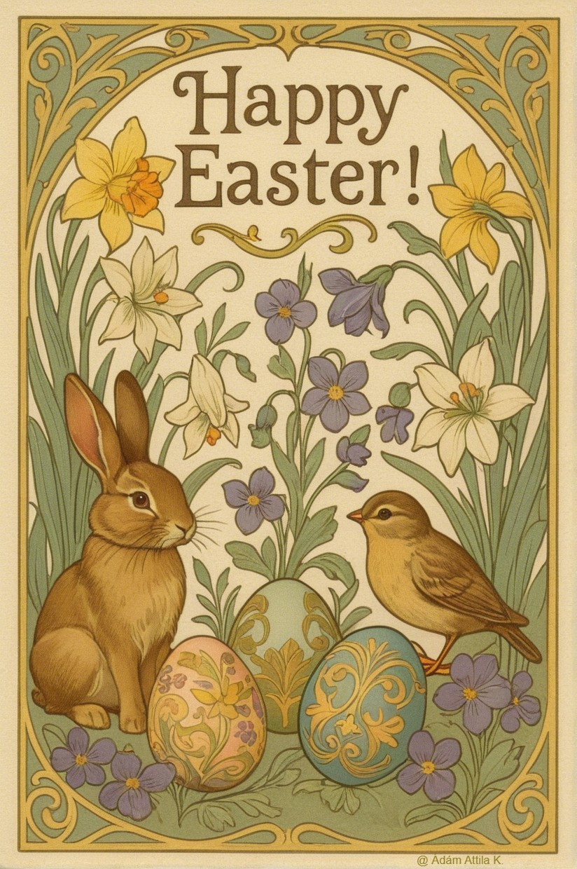Easter Greeting Card with Rabbit, Bird, and Flowers