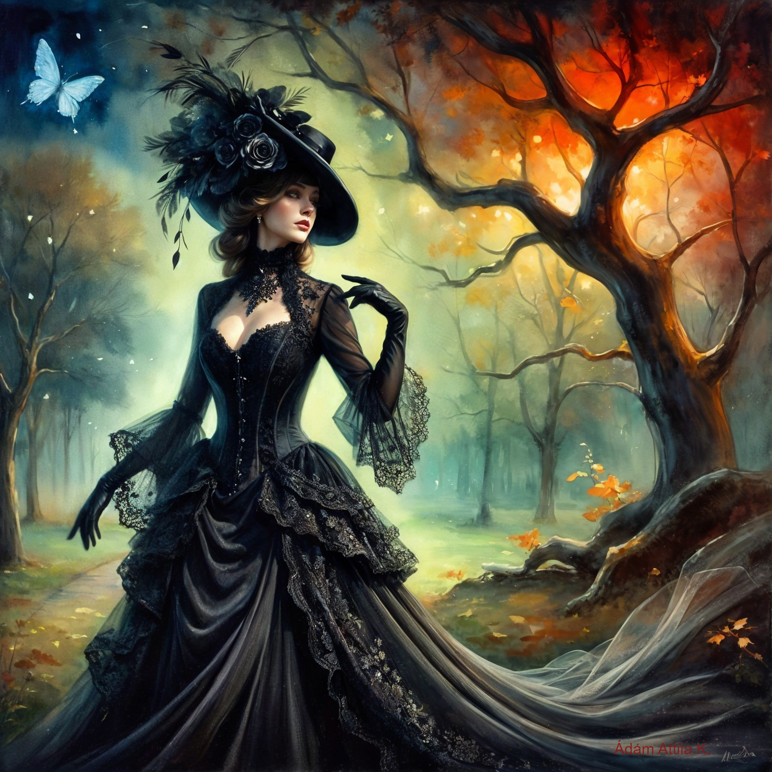 Mystical Forest Scene with Woman in Black Gown