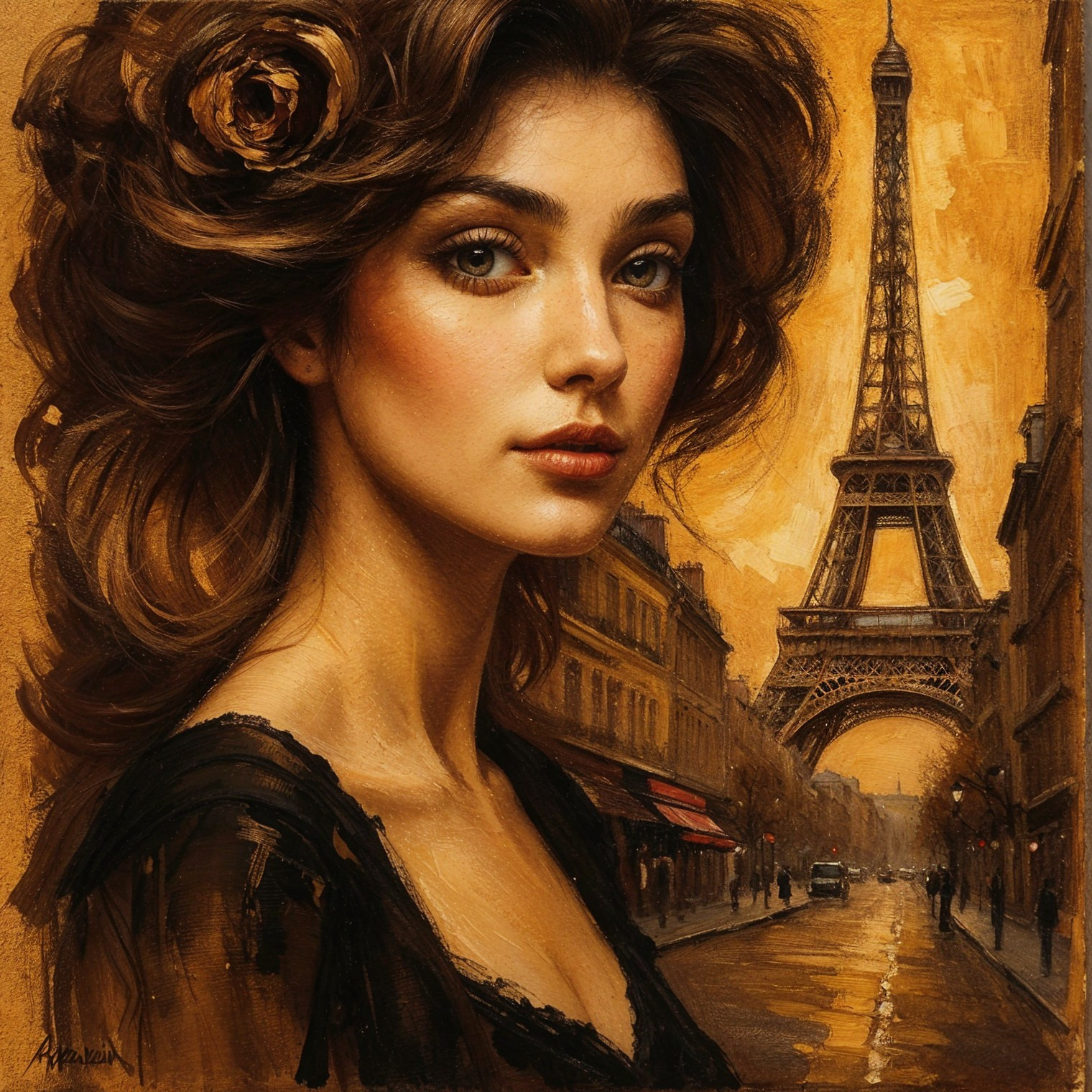 Elegant woman with voluminous hair at Eiffel Tower
