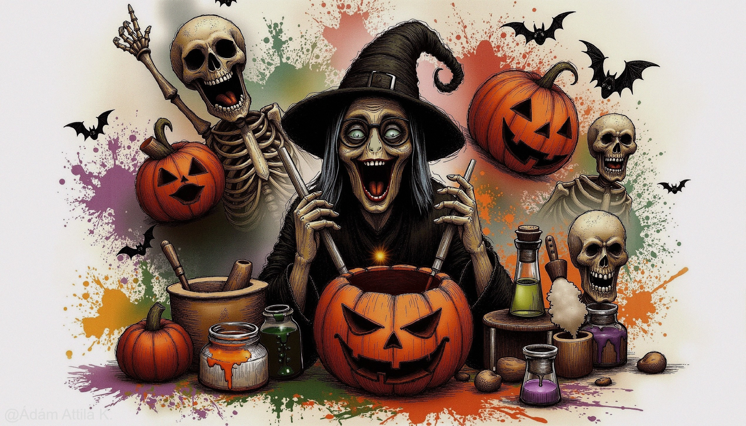 Whimsical Halloween Scene with Witch and Jack-o'-Lanterns