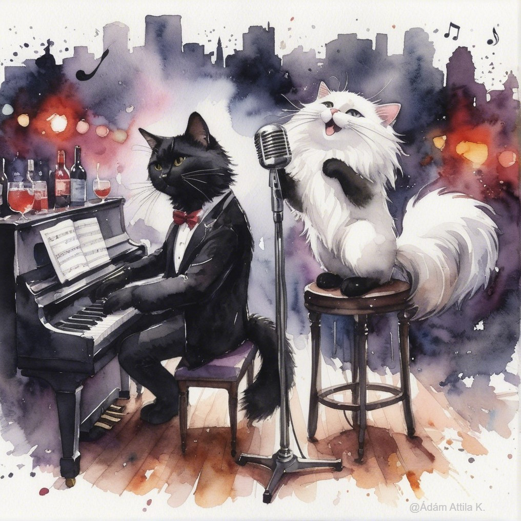 Jazz Club Scene with Cats Playing Piano and Singing