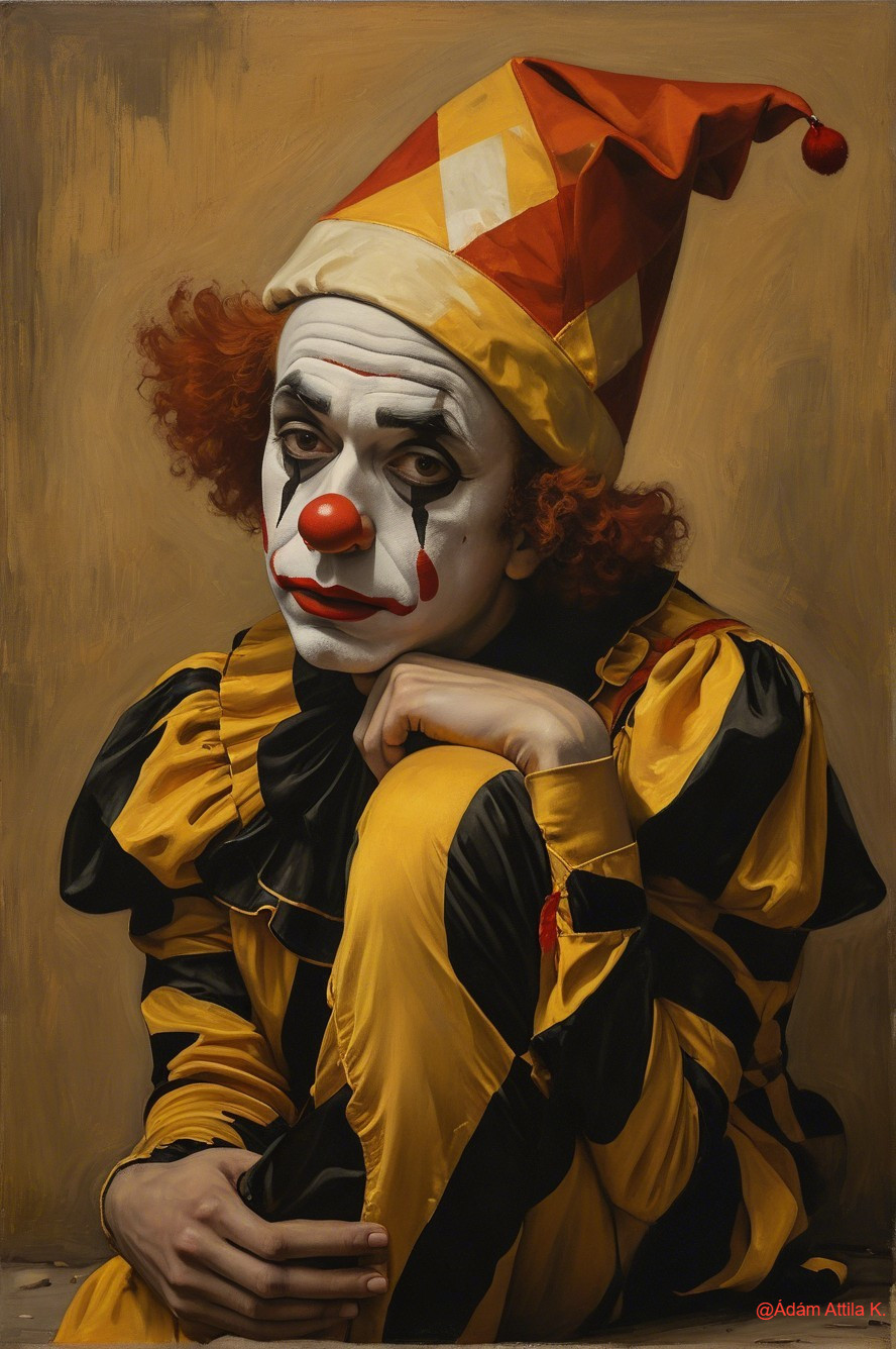 Clown in Striped Costume with Thoughtful Expression