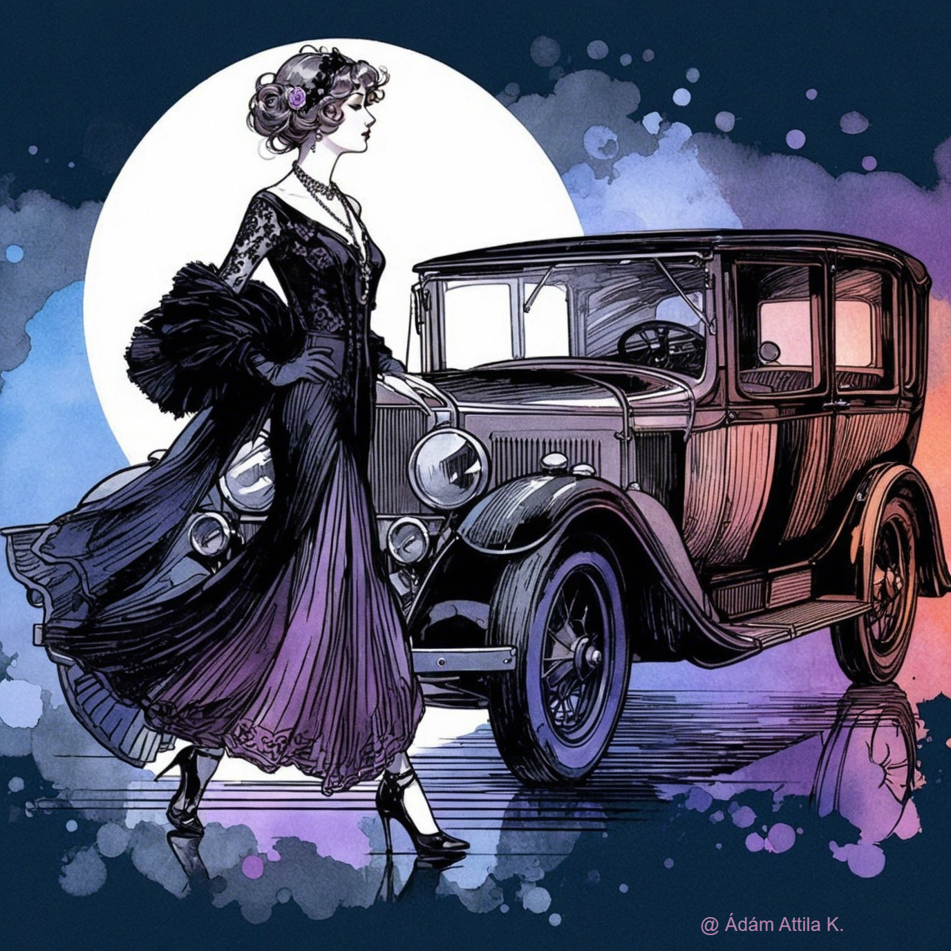 Glamorous Woman in Vintage Attire by Classic Car
