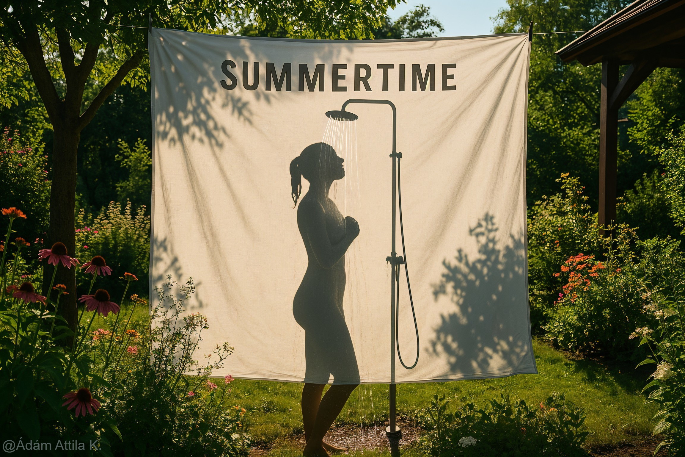 Silhouette Under Shower in Vibrant Garden Setting