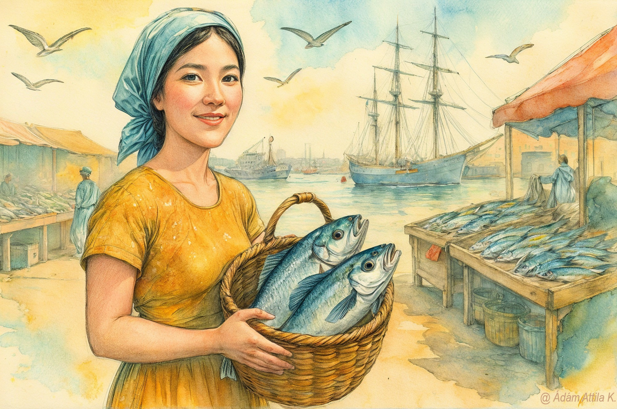 Young girl at seaside market with fresh fish basket