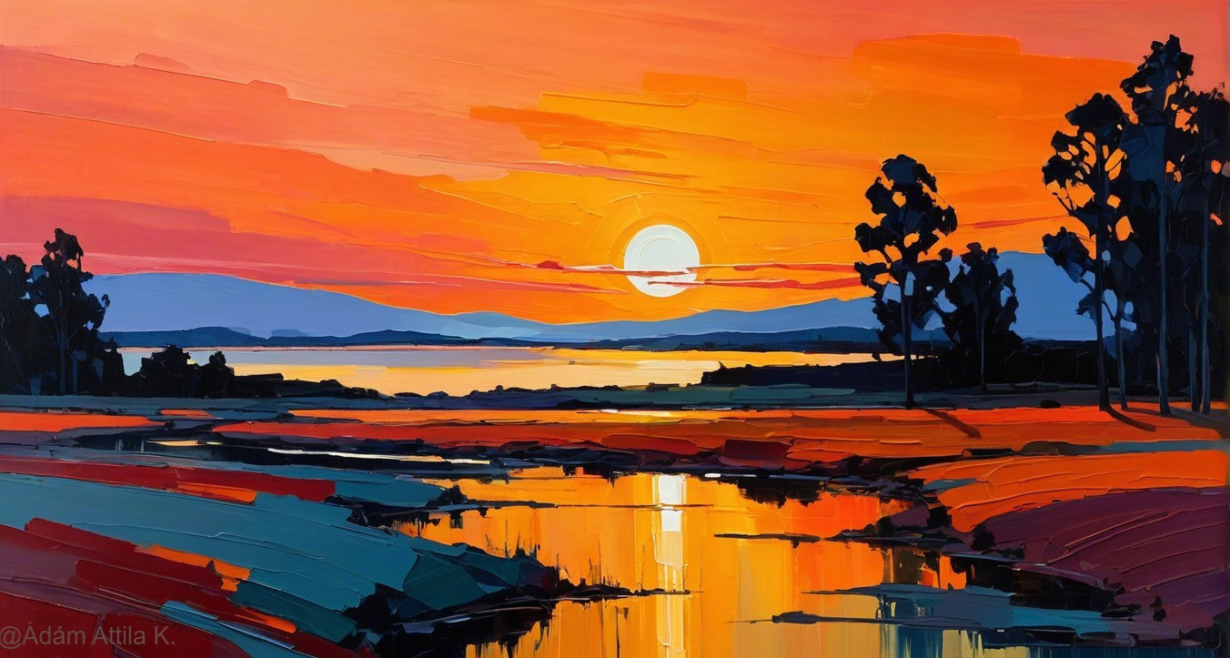 Vibrant Sunset Landscape with Bold Colors and Reflection