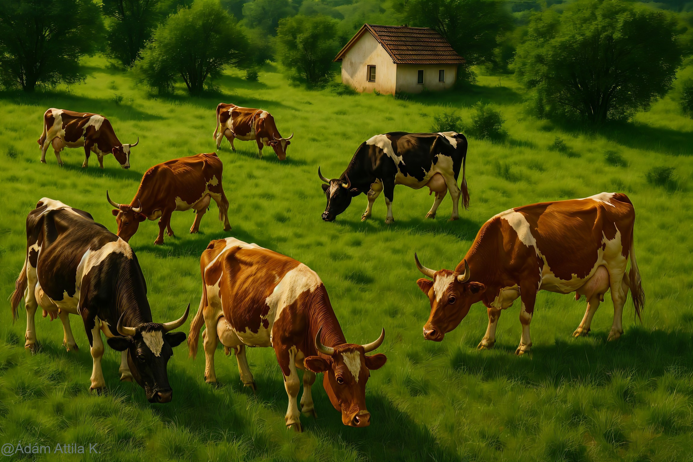 Serene countryside scene with cows and a cottage