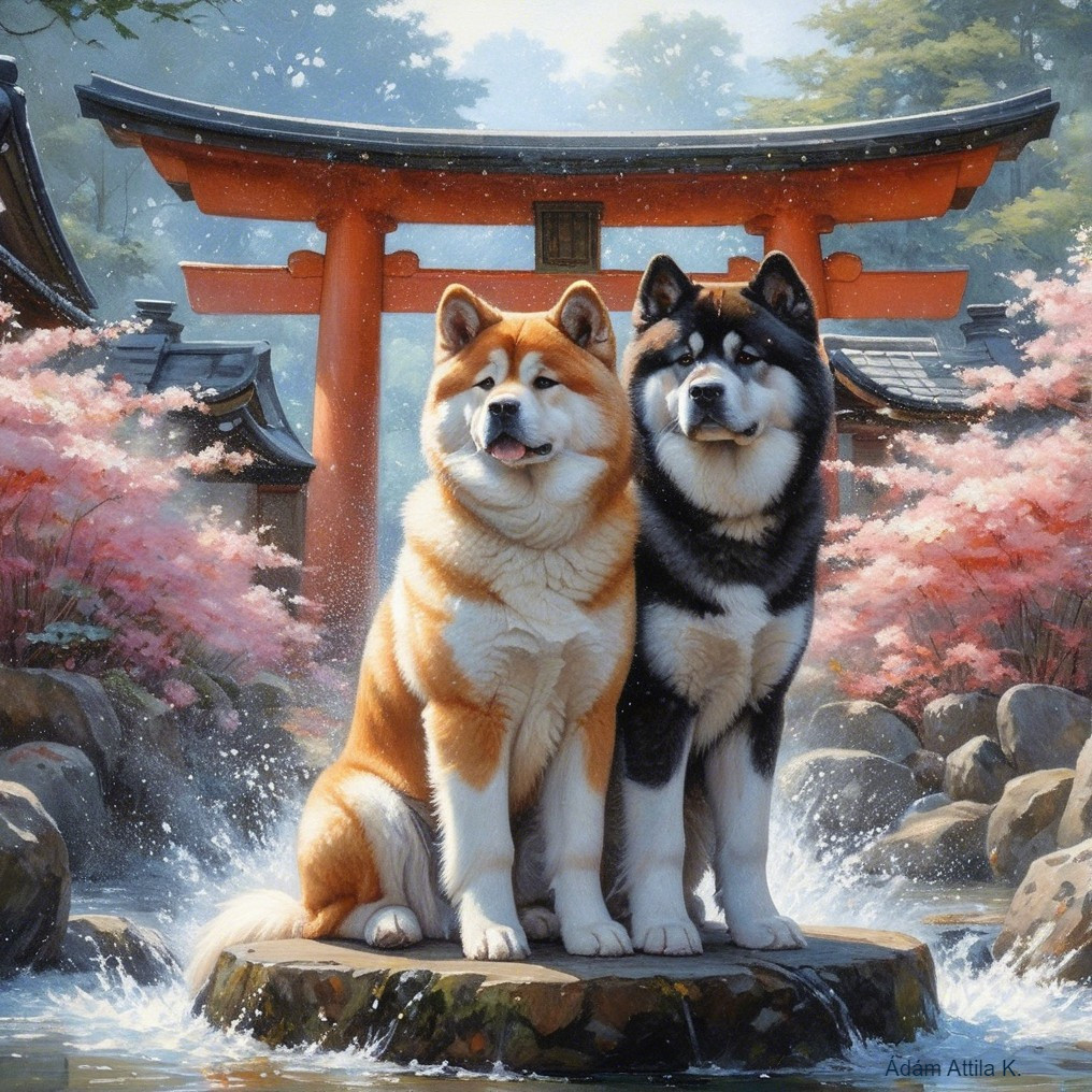 Akita Dogs in Japanese Garden with Cherry Blossoms
