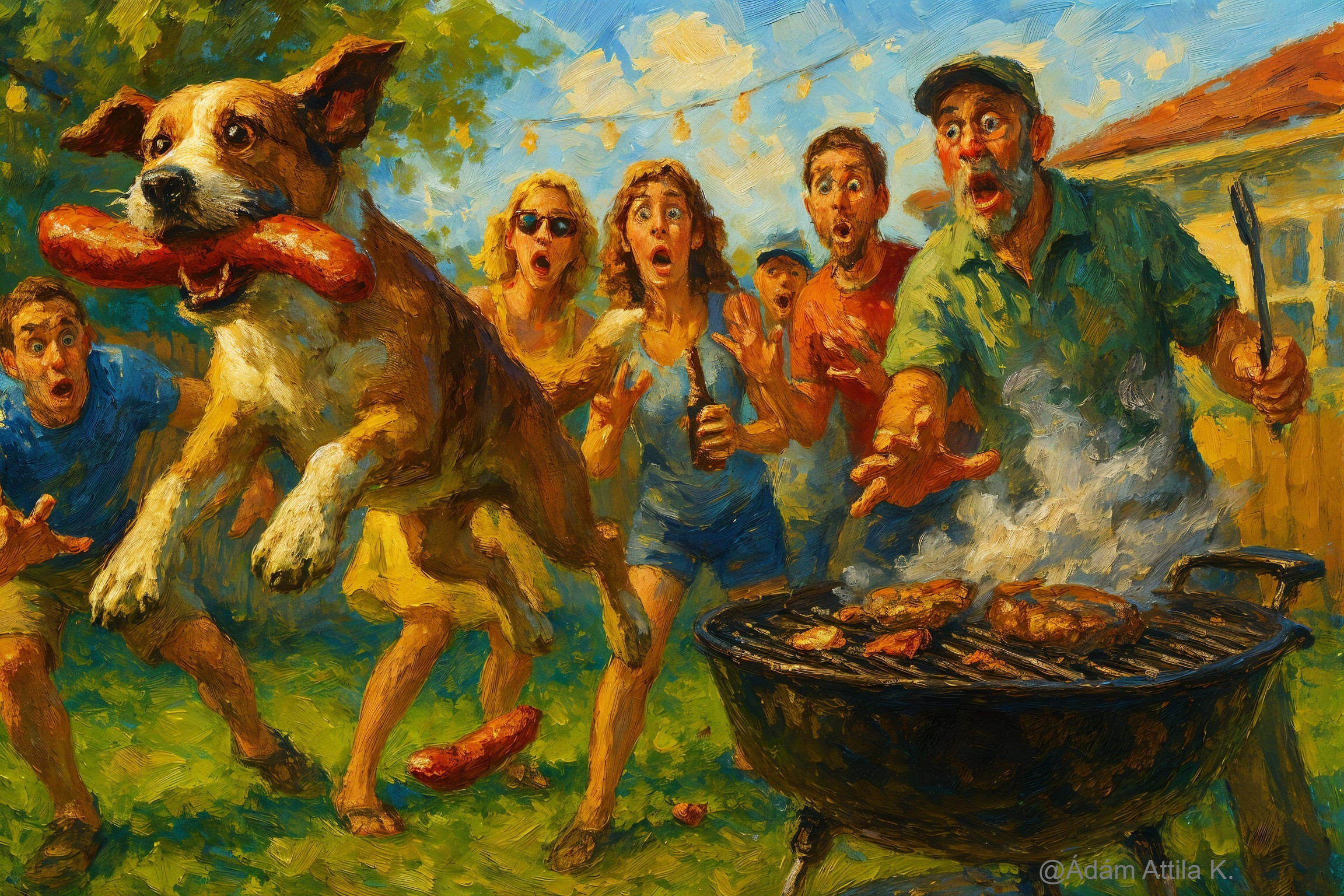 Dog leaping for sausage in lively backyard gathering